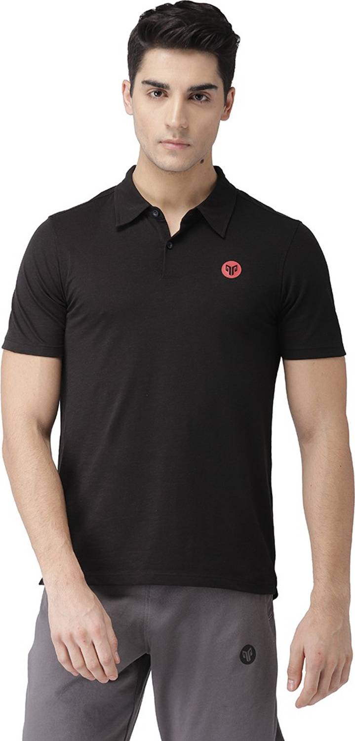 2GO Solid Men Polo Neck Black T-Shirt