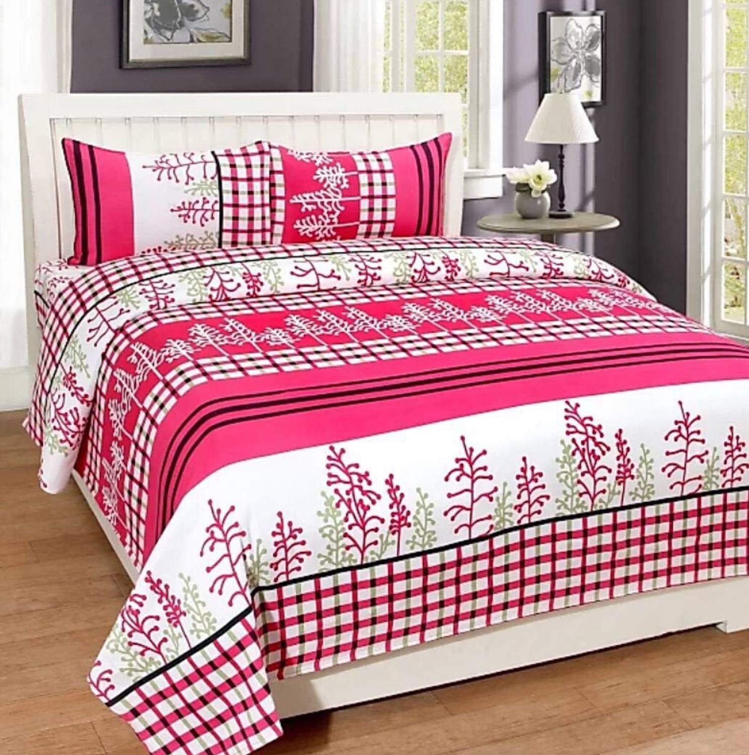 BLUEBERRY Cotton Queen Flat 150 TC Printed 1 Bedsheet with 2 Pillow Covers