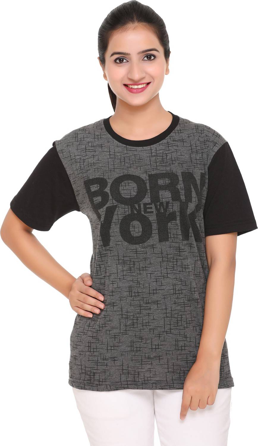69GAL Checkered Women Round Neck Black T-Shirt