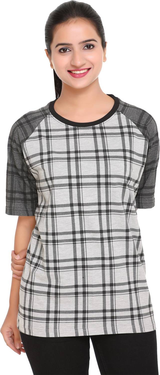 69GAL Checkered Women Round Neck Grey T-Shirt
