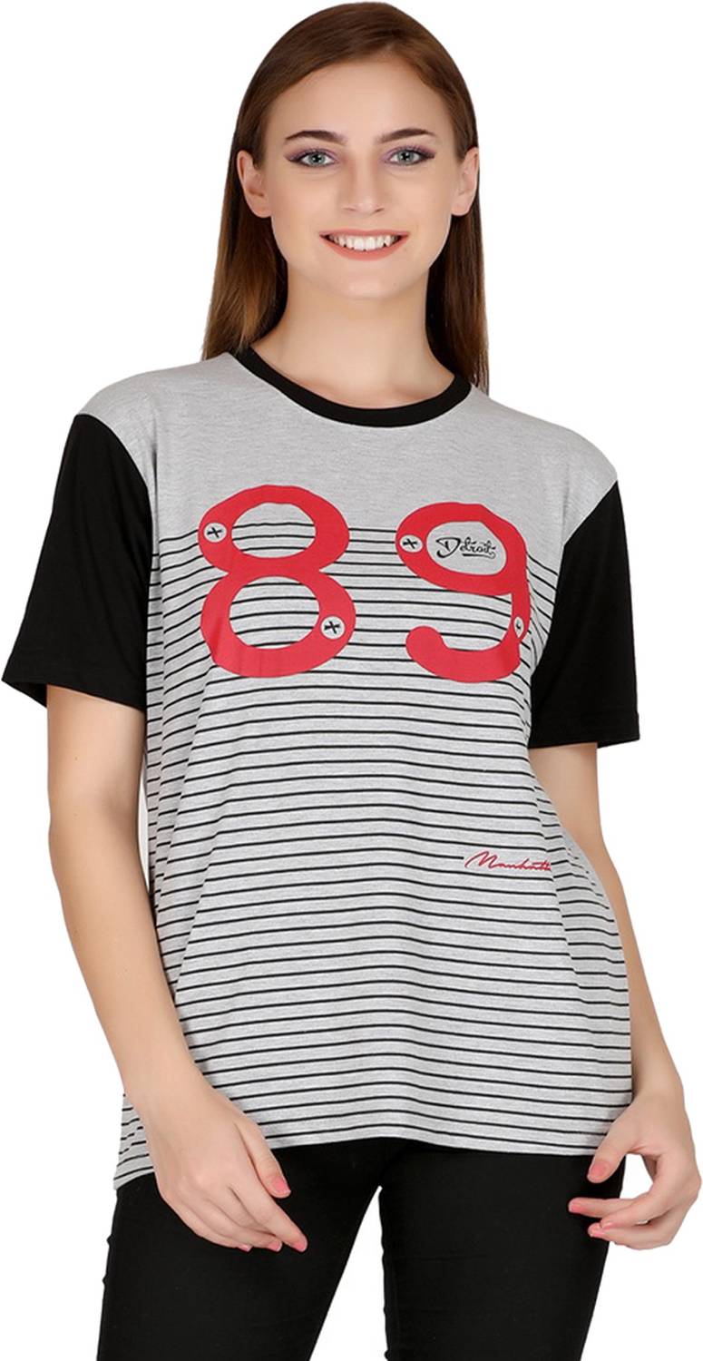 69GAL Checkered Women Round Neck Grey T-Shirt