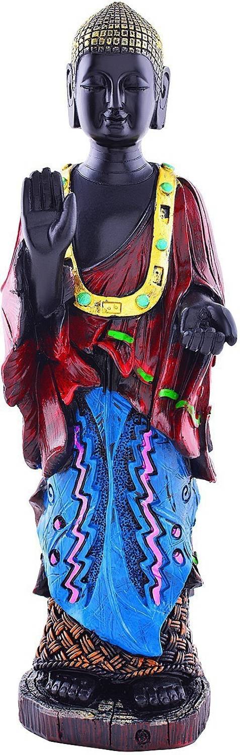 ARCHIES Standing Buddha Statue In Karana Mudra Aesthetic Decors, Showpiece For Home Decoration, Nirvana Bliss Spiritual Vastu Fengshui Items With Decorative Mala Necklace Multicolored Polyresin Decor (29.5x9cm.), 1Pc. Decorative Showpiece - 28 cm