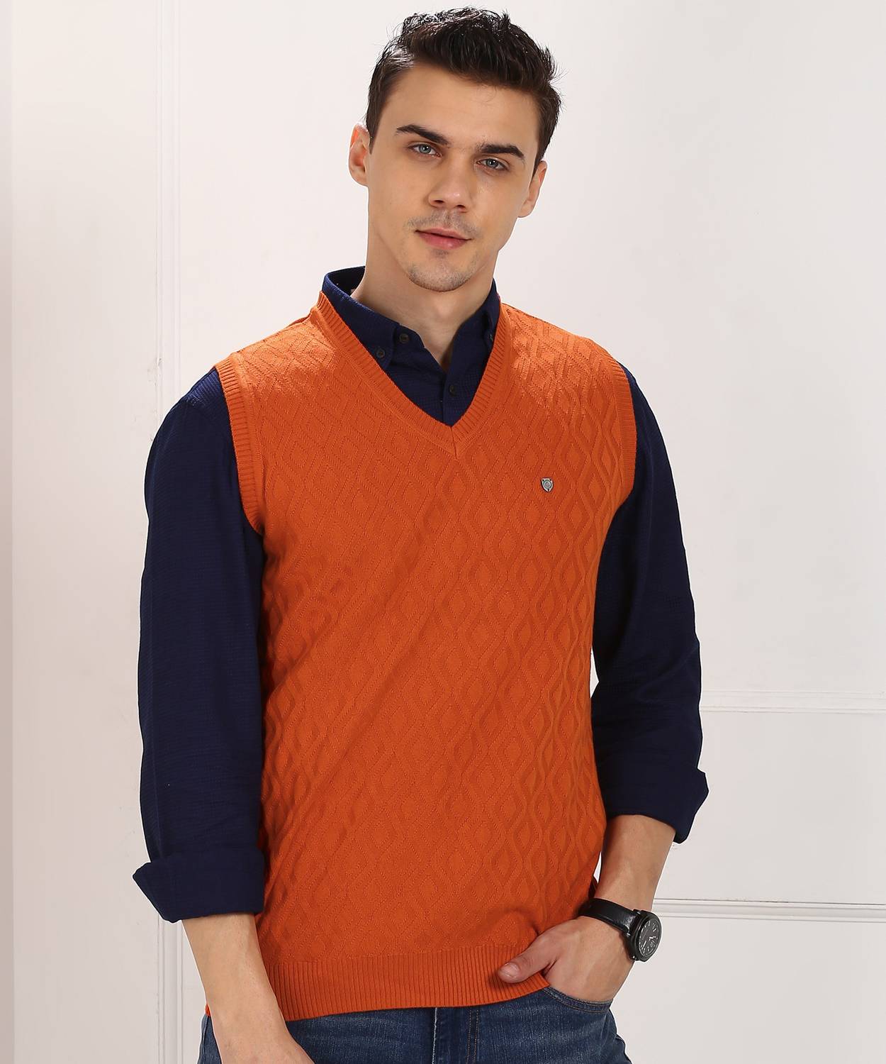 Blackberrys Self Design V Neck Casual Men Reversible Orange Sweater