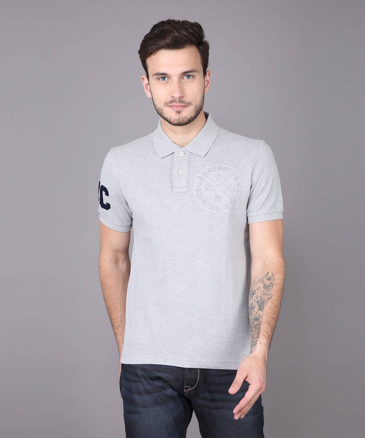AEROPOSTALE Solid Men Polo Neck Grey T-Shirt