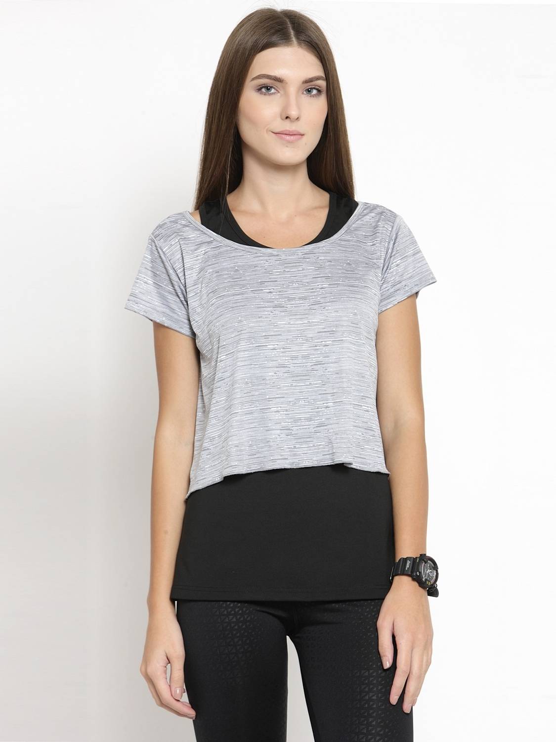 Boston Club Casual Short Sleeve Printed Women Black, Grey Top