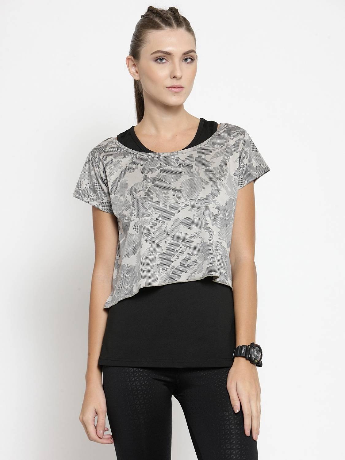 Boston Club Casual Short Sleeve Printed Women Black, Grey Top