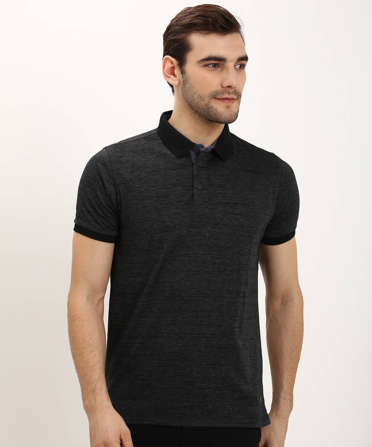 Arrow Jeans Self Design Men Polo Neck Black T-Shirt
