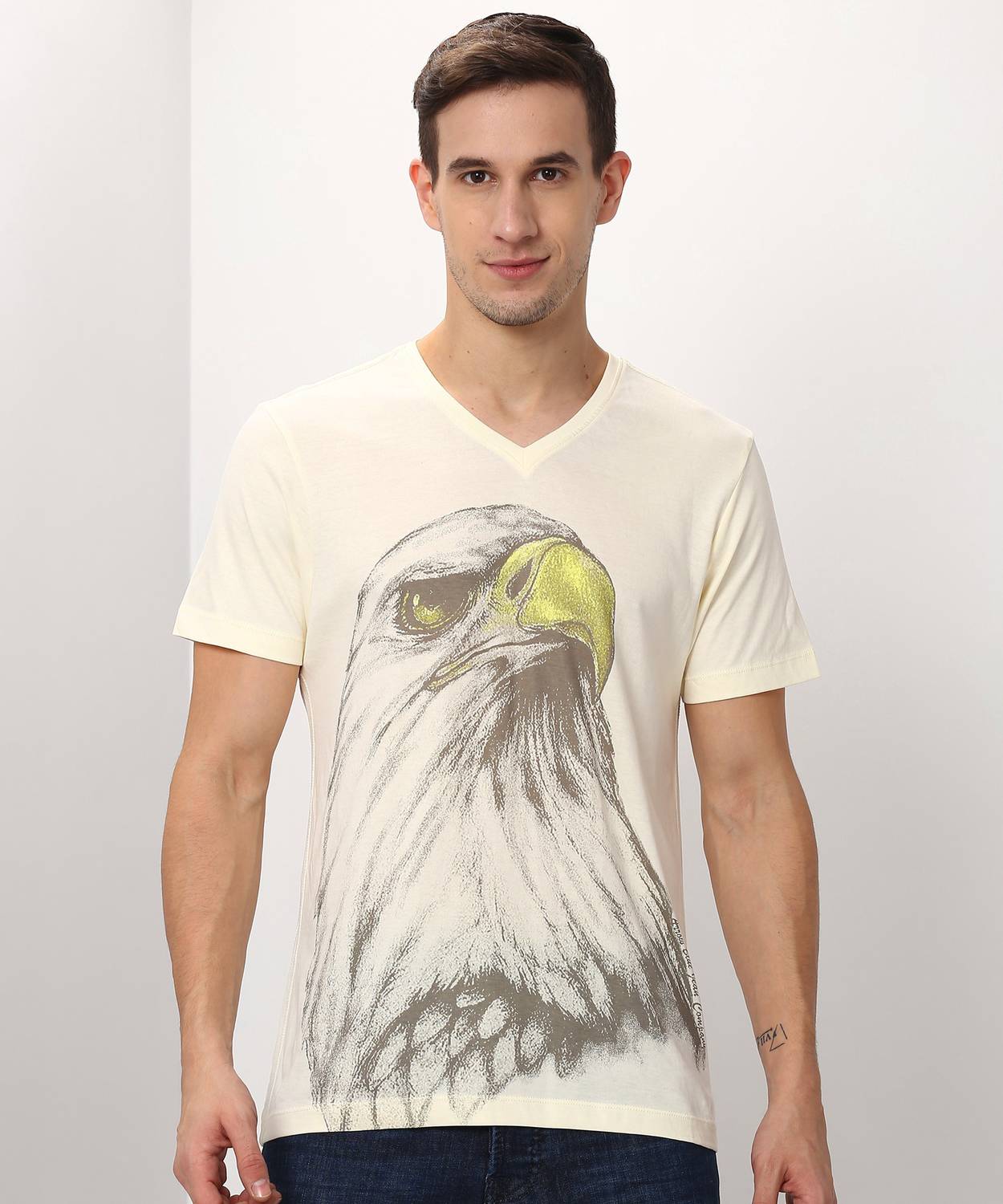 Arrow Jeans Printed Men V Neck Beige T-Shirt
