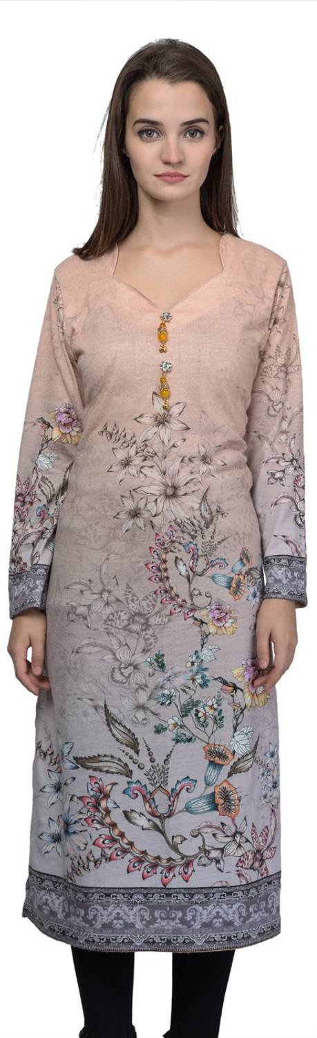Kaily Women Printed Wool Straight Kurta (Pink, Grey)