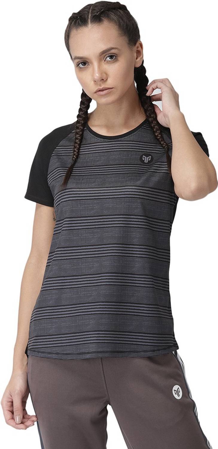 2GO Striped Women Round Neck Black T-Shirt