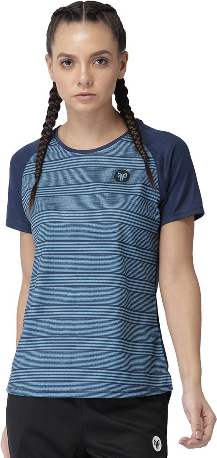 2GO Striped Women Round Neck Dark Blue T-Shirt