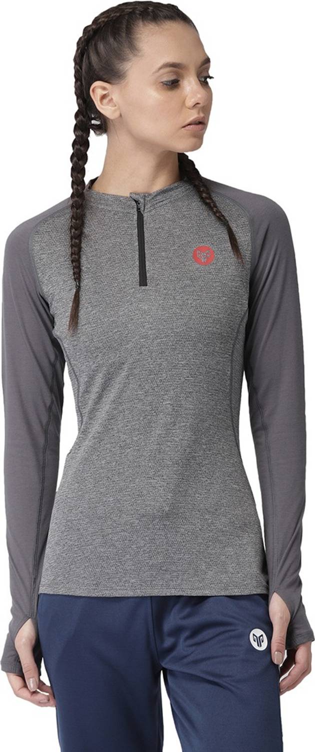 2GO Solid Women Mandarin Collar Grey T-Shirt