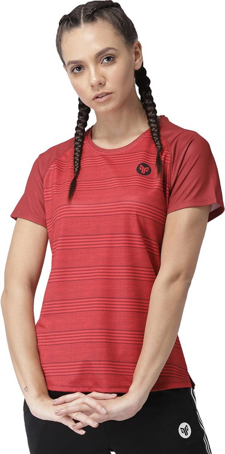 2GO Striped Women Round Neck Maroon T-Shirt
