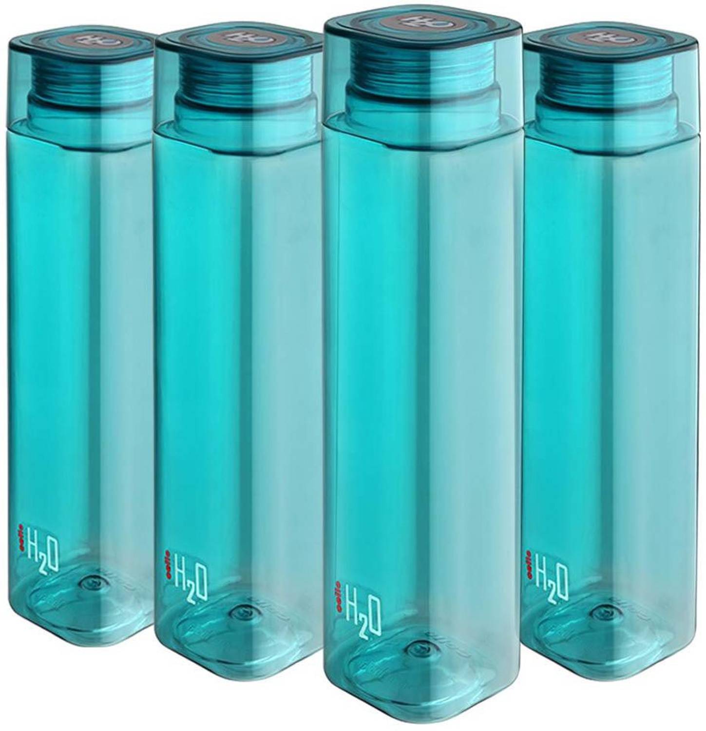 cello H2o Squaremate Premium Plastic Water Bottle, 1-Liter , Set of 4, Aqua Blue 1000 ml PET Bottle