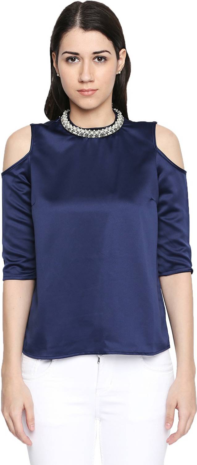 Annabelle by Pantaloons Casual Cold Shoulder Solid Women Blue Top