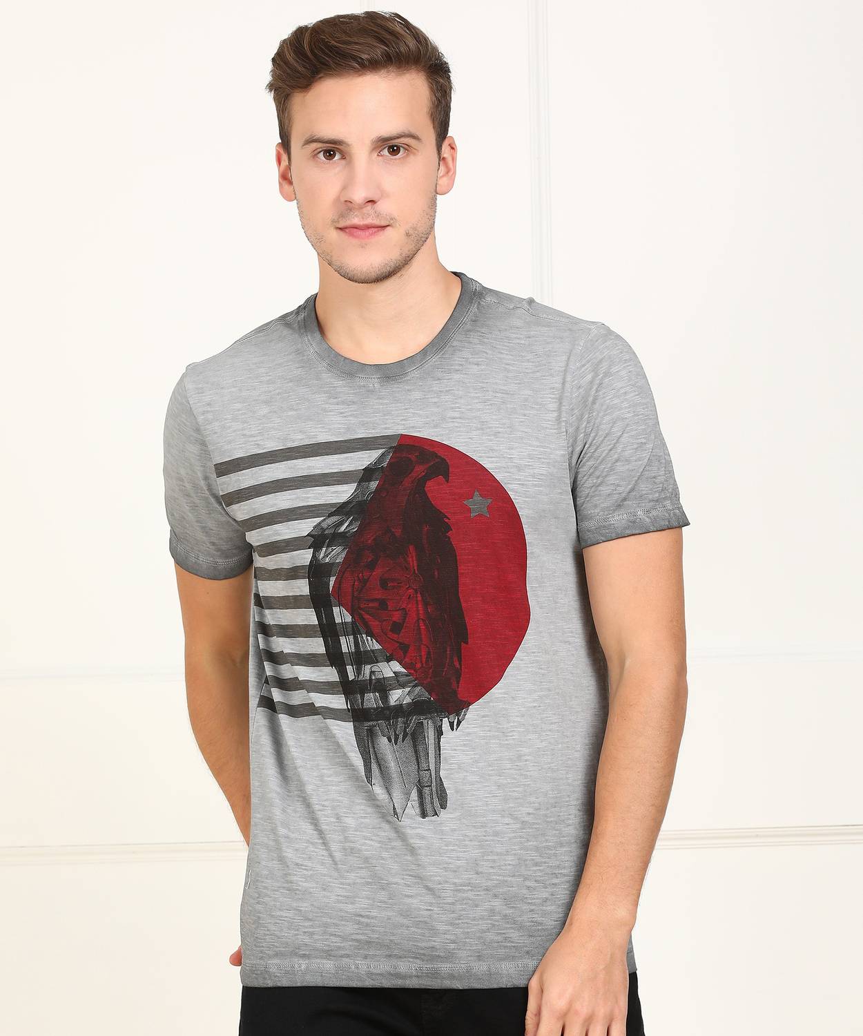 Arrow Jeans Printed Men Round Neck Grey T-Shirt