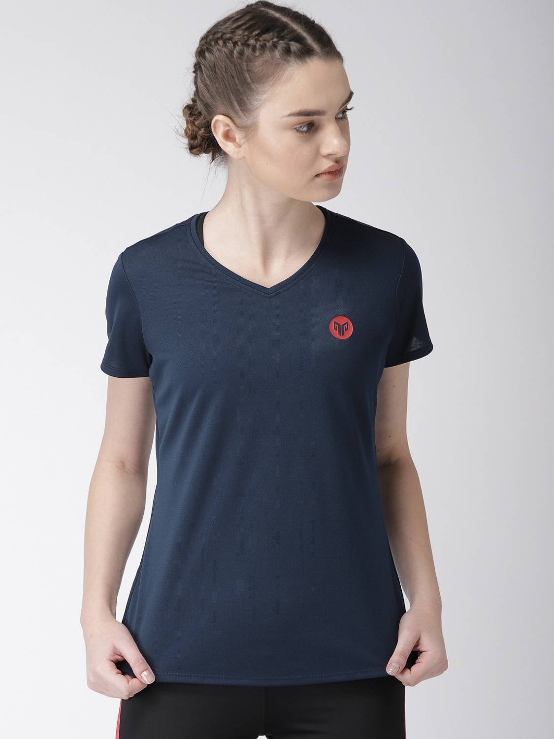 2GO Solid Women V Neck Dark Blue T-Shirt