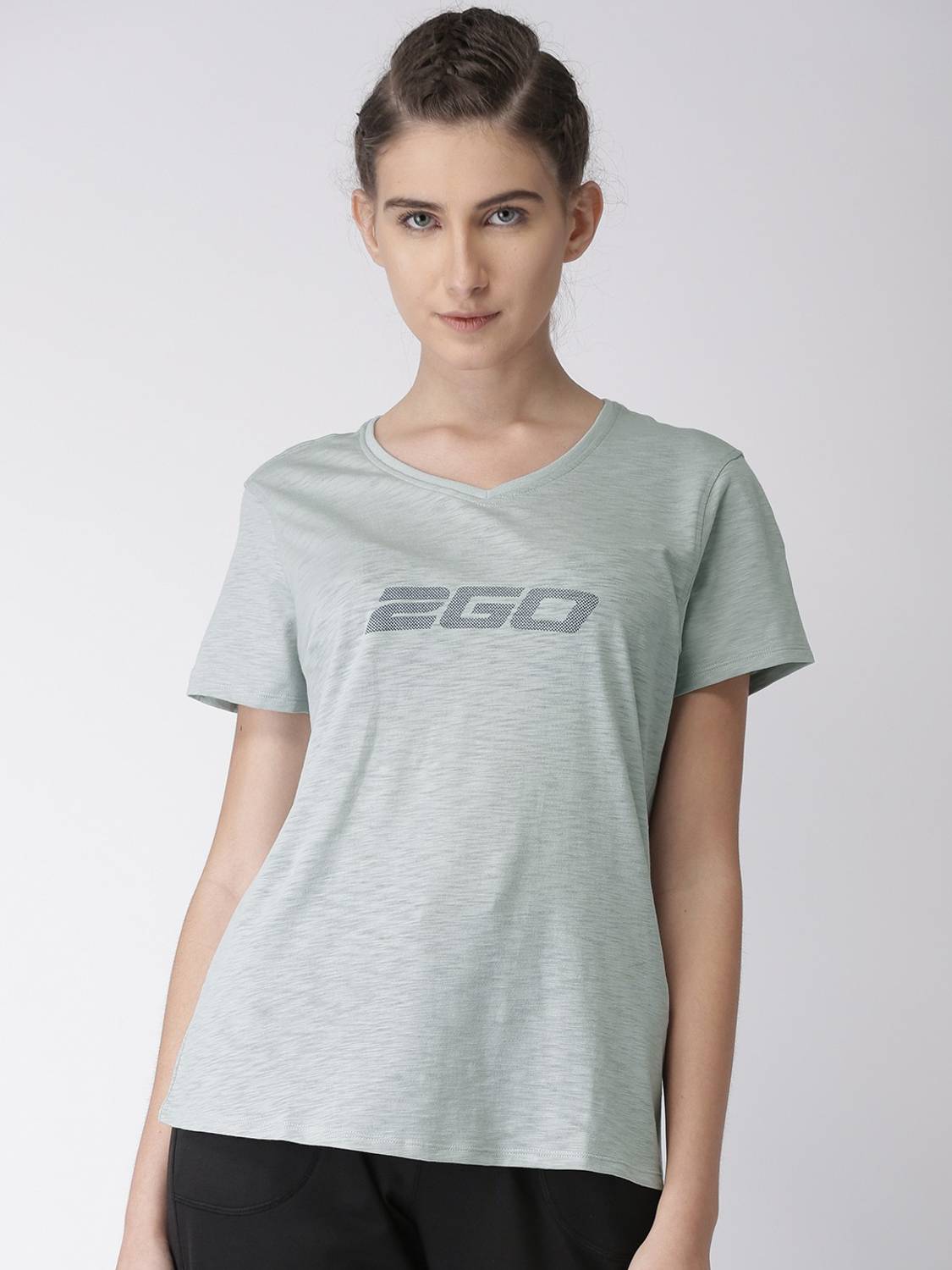 2GO Printed Women V Neck Grey T-Shirt