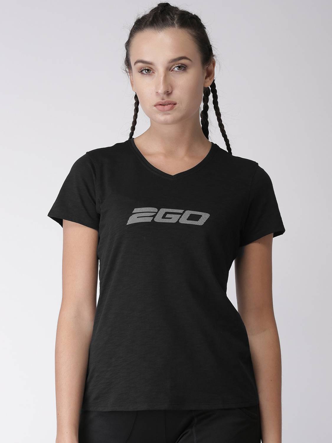 2GO Printed Women V Neck Black T-Shirt