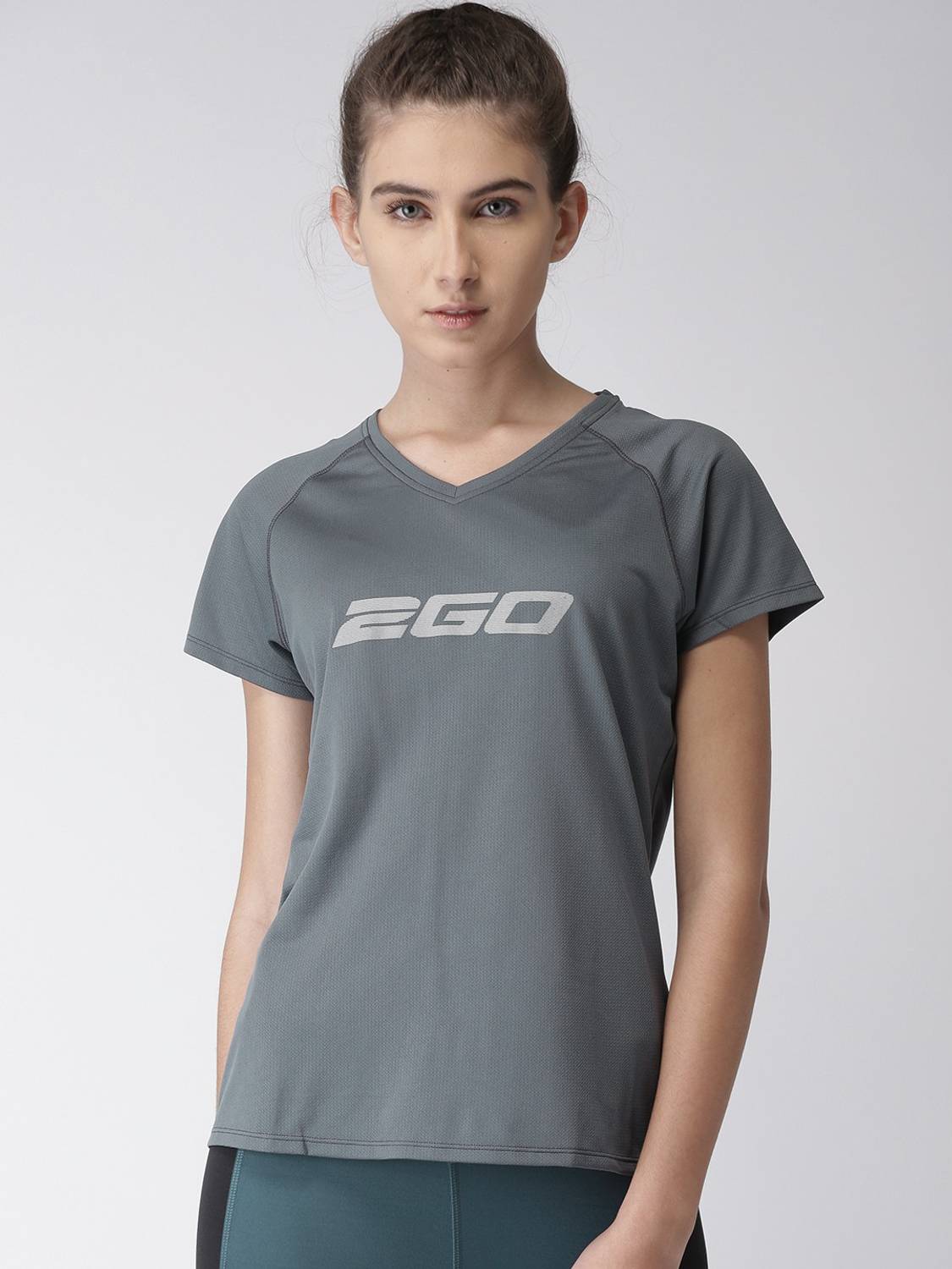 2GO Printed Women V Neck Grey T-Shirt