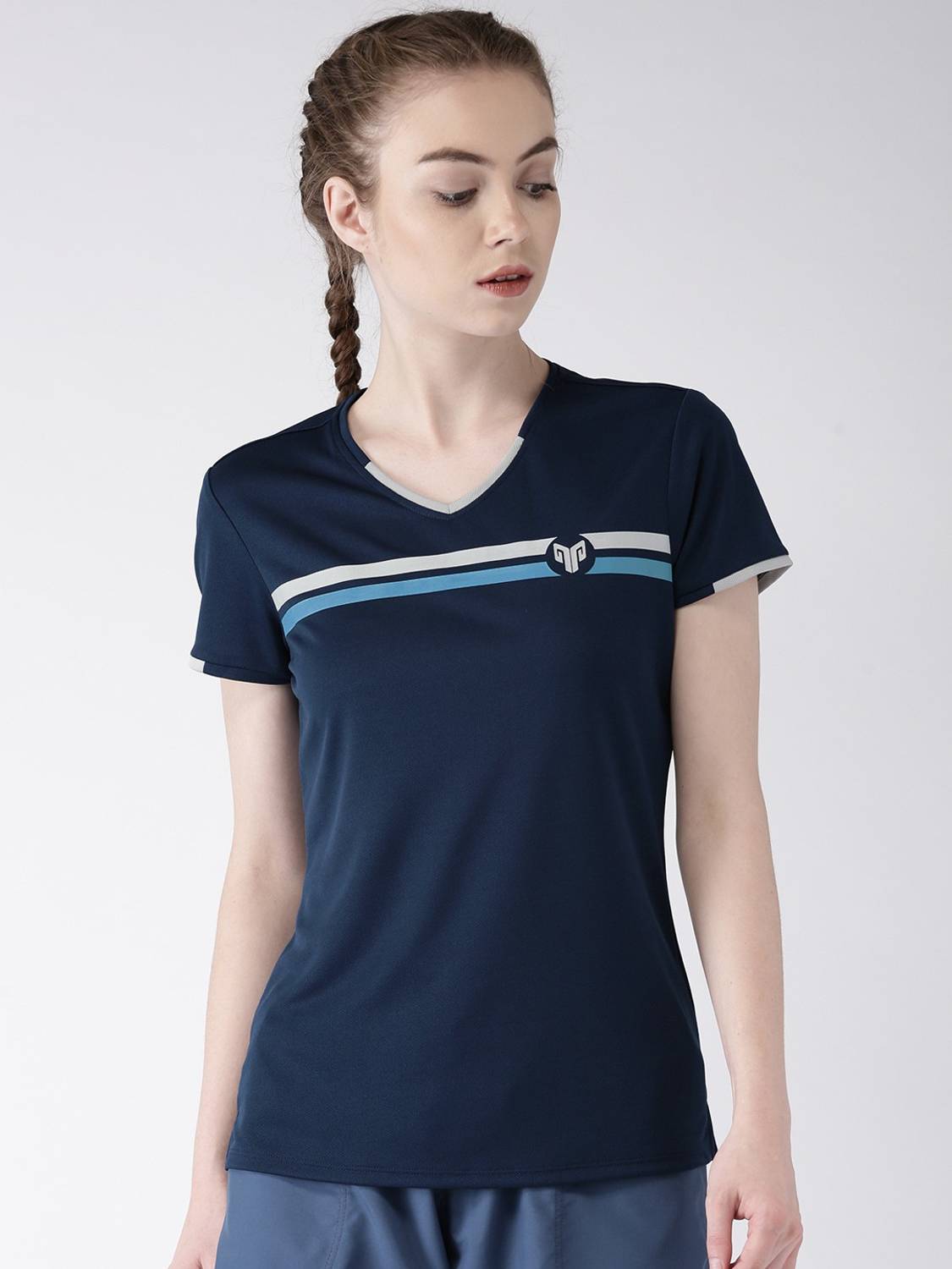 2GO Solid Women V Neck Dark Blue T-Shirt