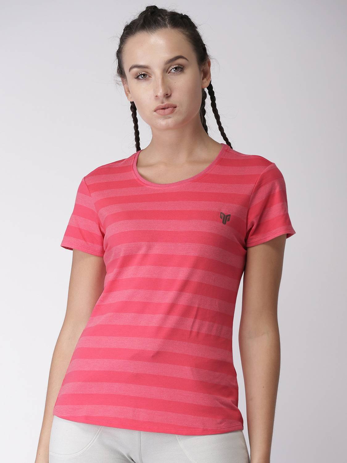 2GO Striped Women Round Neck Pink T-Shirt