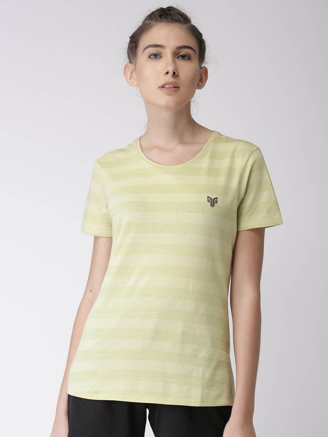 2GO Striped Women Round Neck Beige T-Shirt