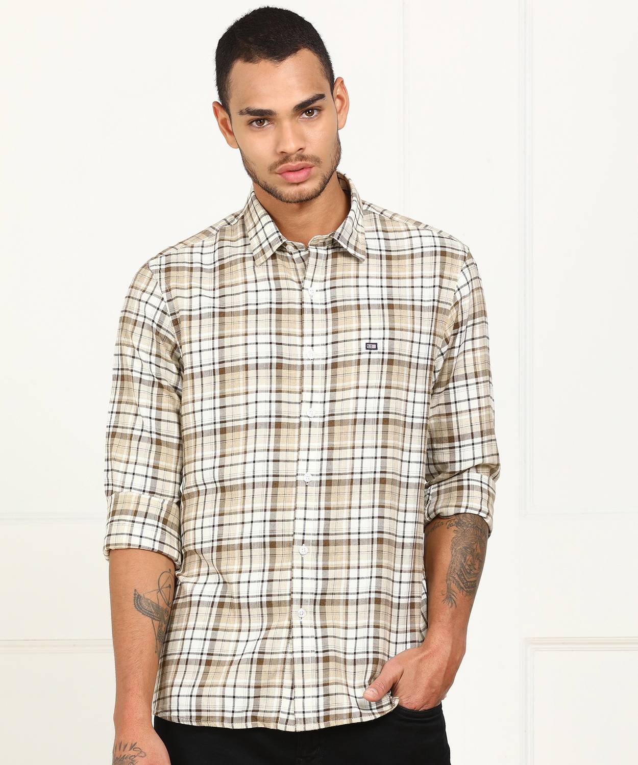 Arrow Sport Men Checkered Casual Beige Shirt