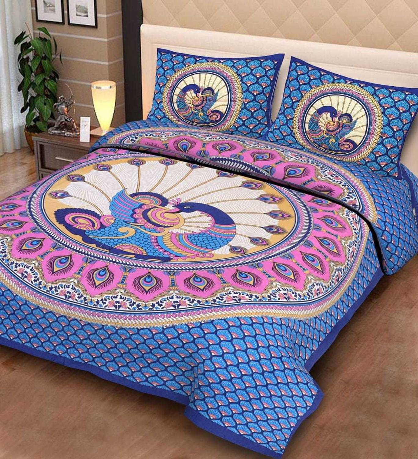 24x7 Home Store Cotton Double Flat 140 TC Printed 1 Bedsheet with 2 Pillow Covers