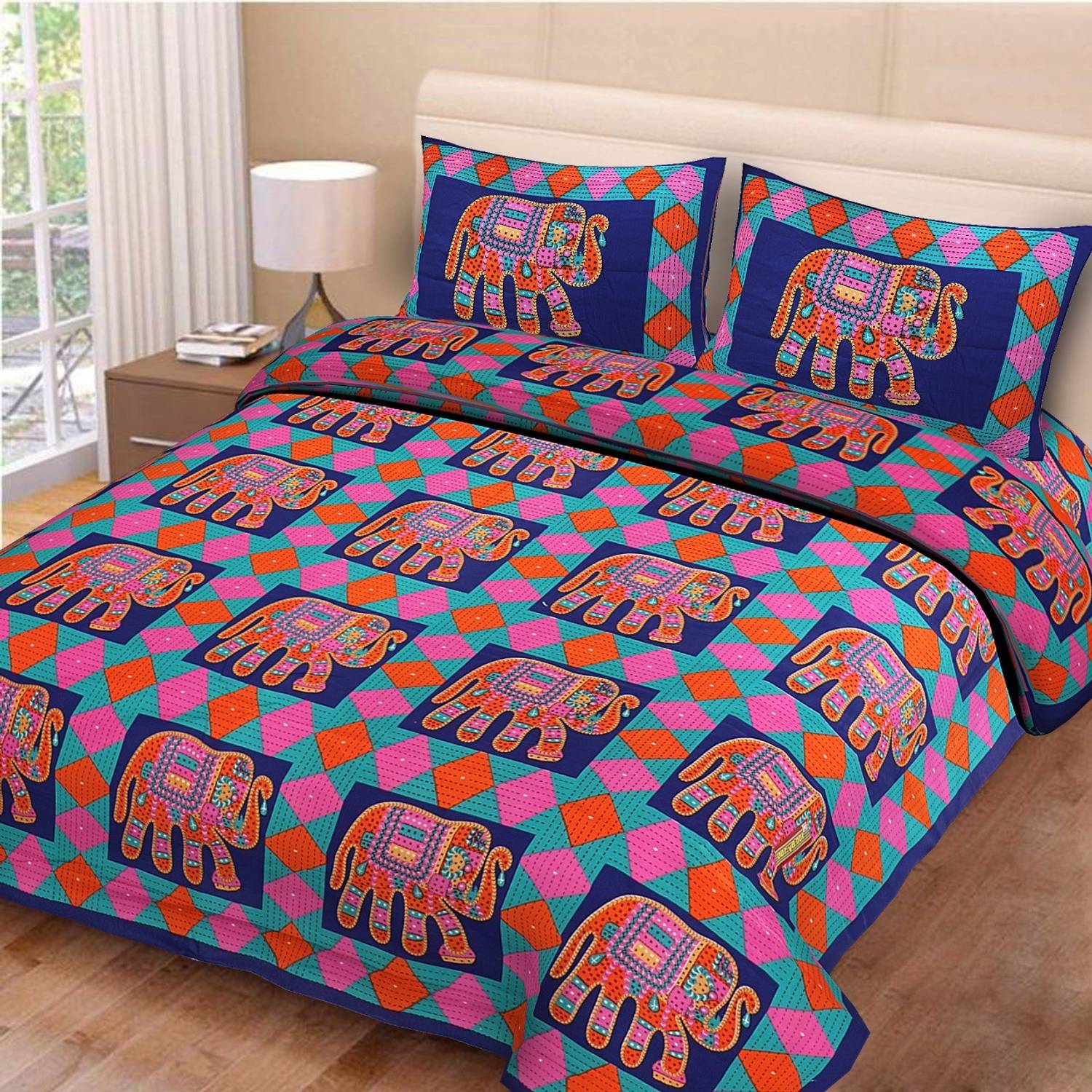 24x7 Home Store Cotton Double Flat 140 TC Printed 1 Bedsheet with 2 Pillow Covers