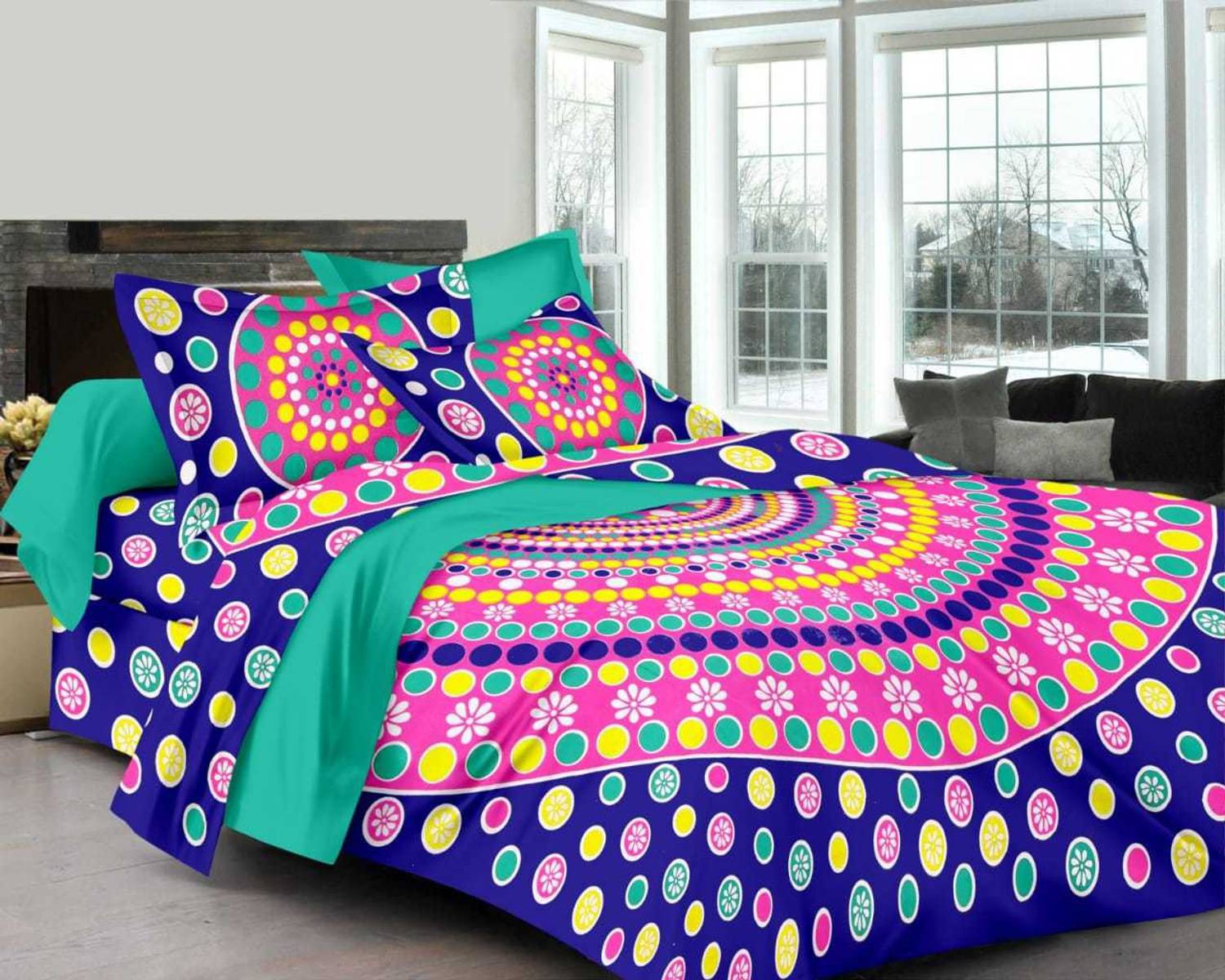24x7 Home Store Cotton Double Flat 140 TC Printed 1 Bedsheet with 2 Pillow Covers