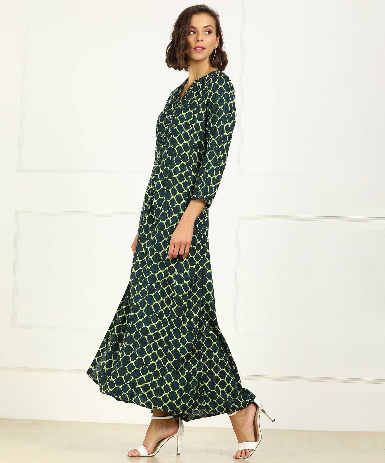 global desi green maxi dress Women Multicolor Full Length Fabric_Polyester