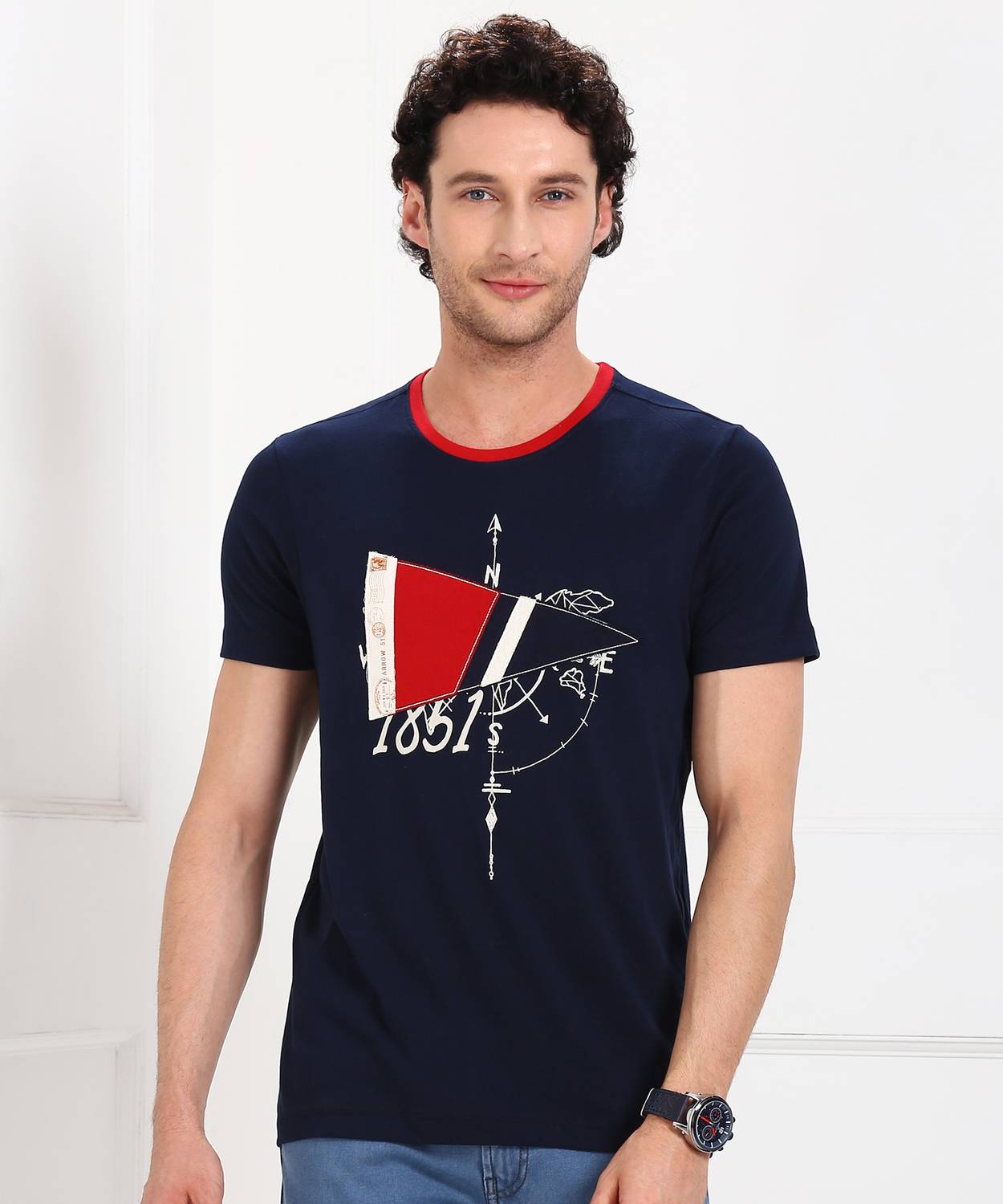 Arrow Sport Printed Men Round Neck Blue T-Shirt