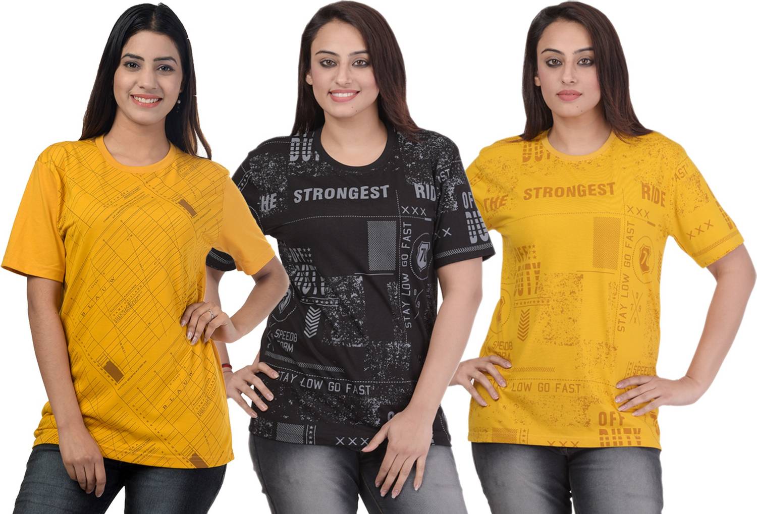 69GAL Printed, Checkered Women Round Neck Multicolor T-Shirt