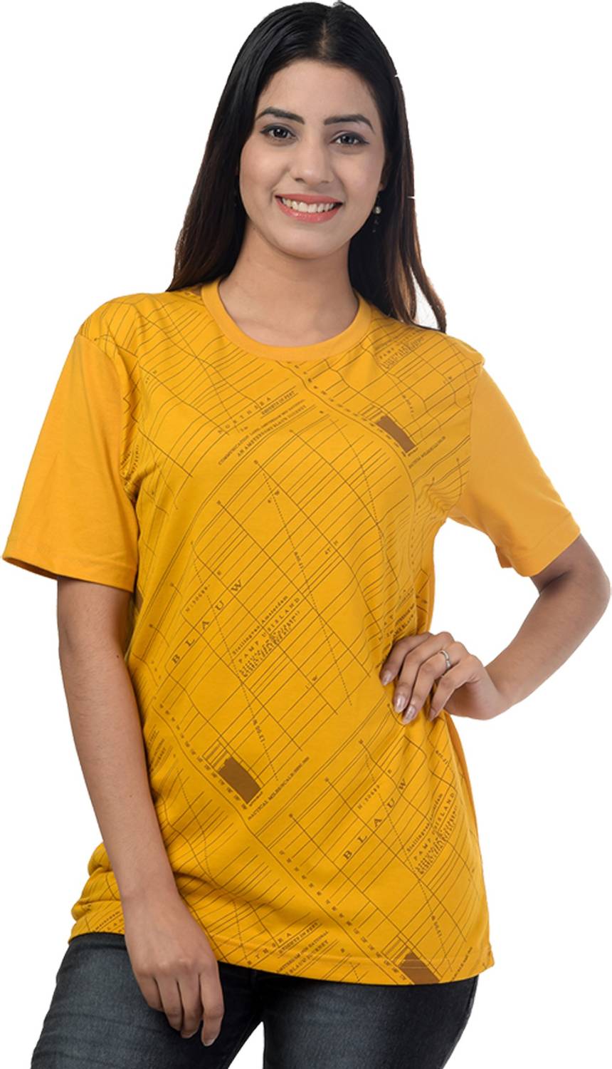 69GAL Printed Women Round Neck Yellow T-Shirt