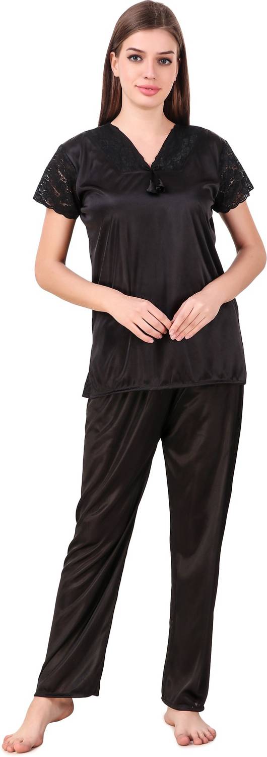 Bombshell Women Solid Black Top & Pyjama Set