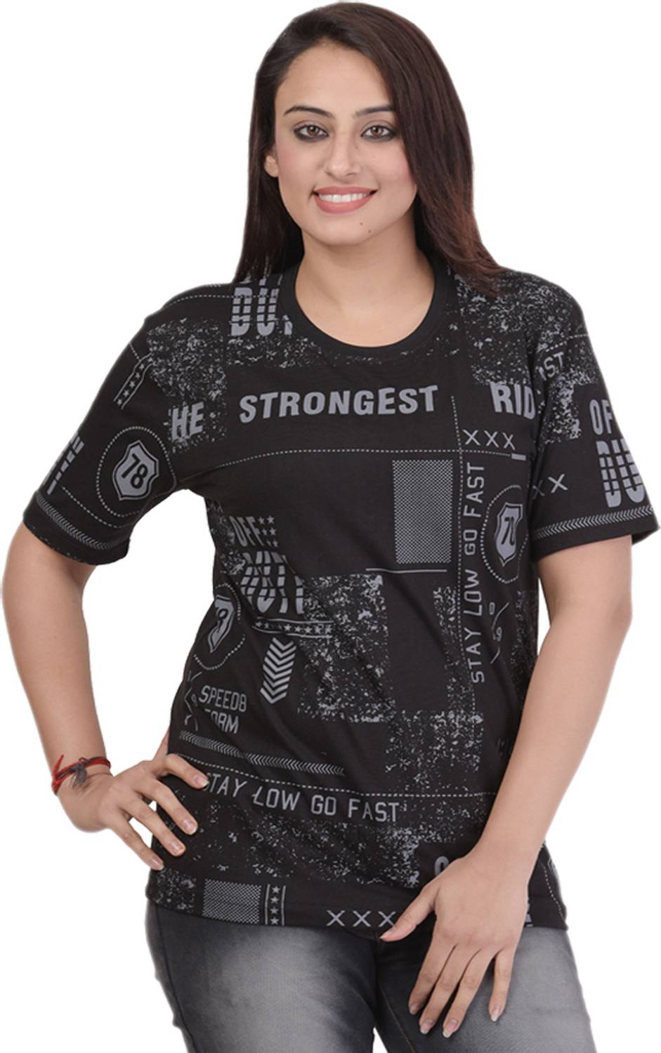 69GAL Printed Women Round Neck Black T-Shirt