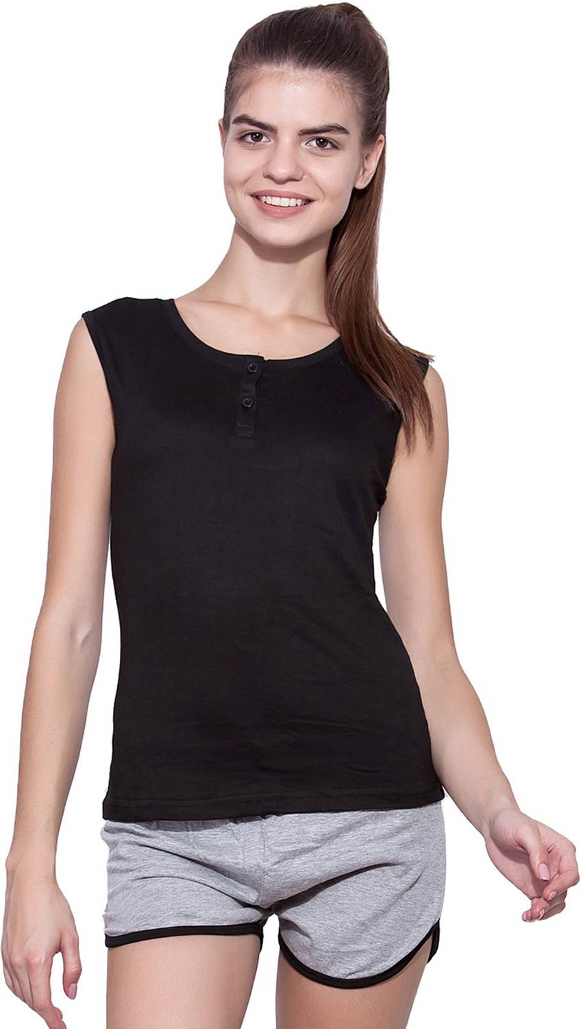 Ap'pulse Casual Sleeveless Solid Women Black Top