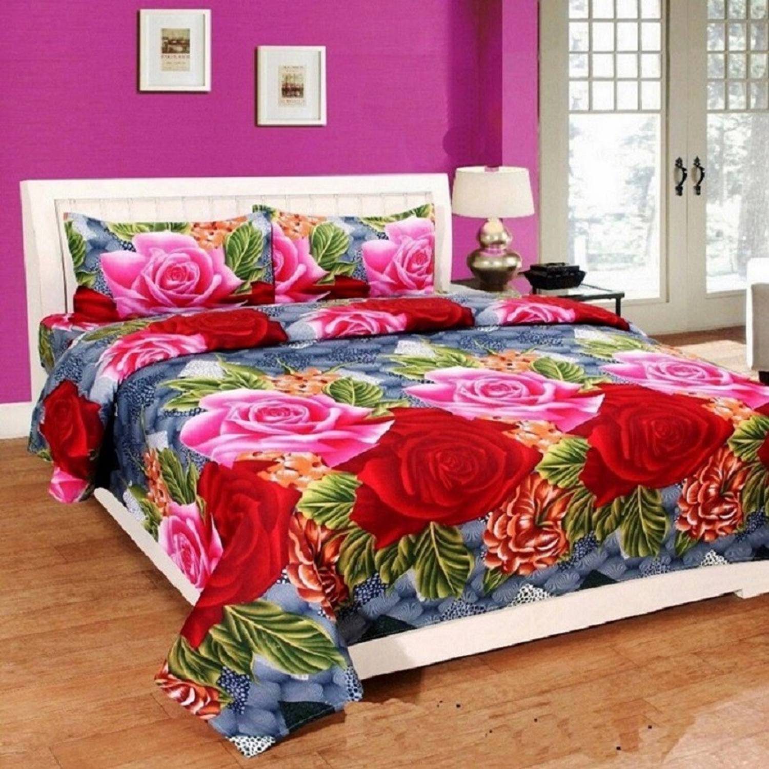 Aradhya Products Microfiber Double Flat 140 TC 3D Printed 1 Bedsheet with 2 Pillow Covers