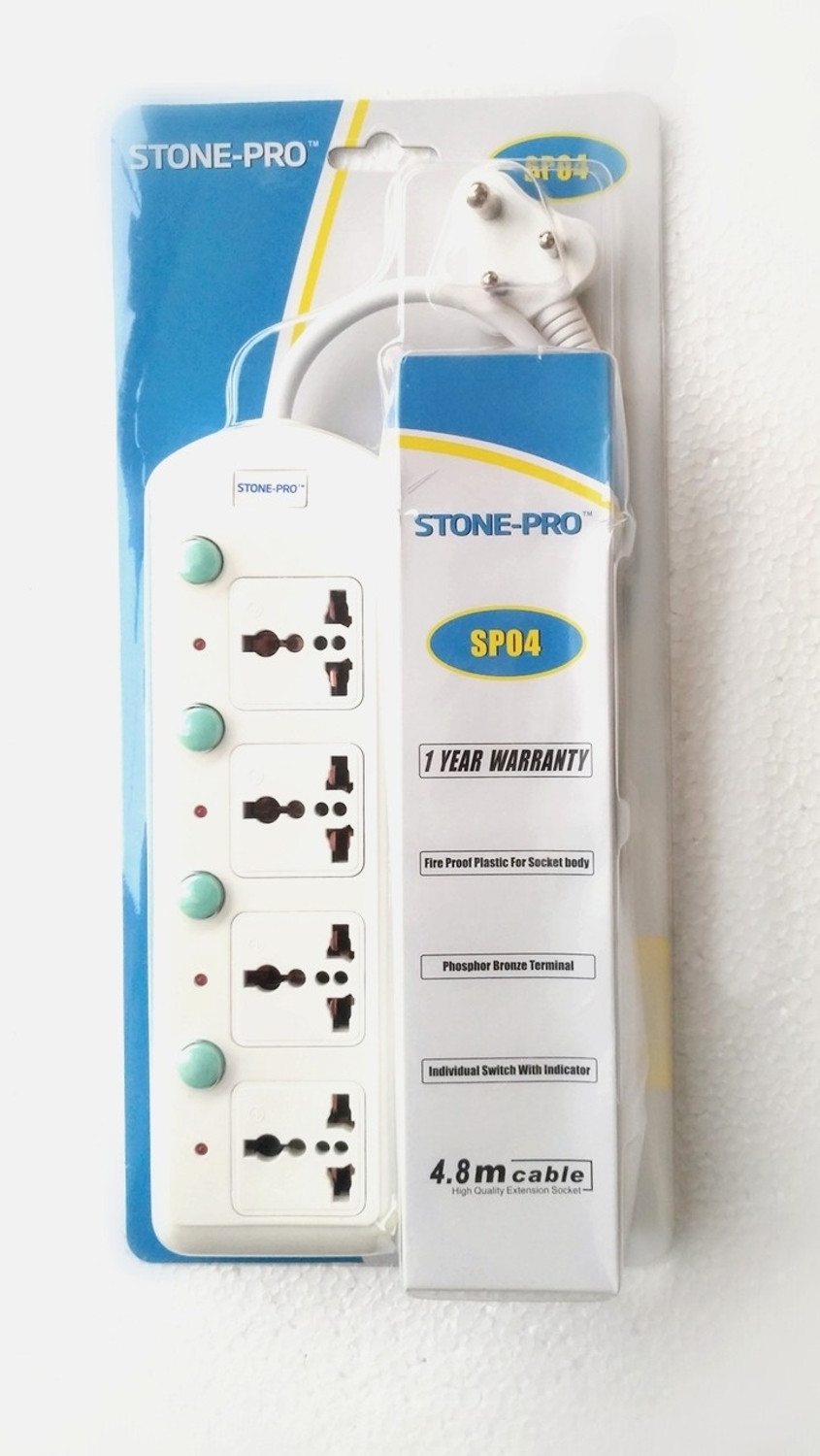 Image of STONE-PRO 4 Socket 4.8 Meter 10 Amp 250V ~ 2500W MAX, Adaptable to standard plugs of all countries. Individual Switch Flex box, Spike Buster 4 Socket Surge Protector Three Pin Socket 4 Socket Extension Boards