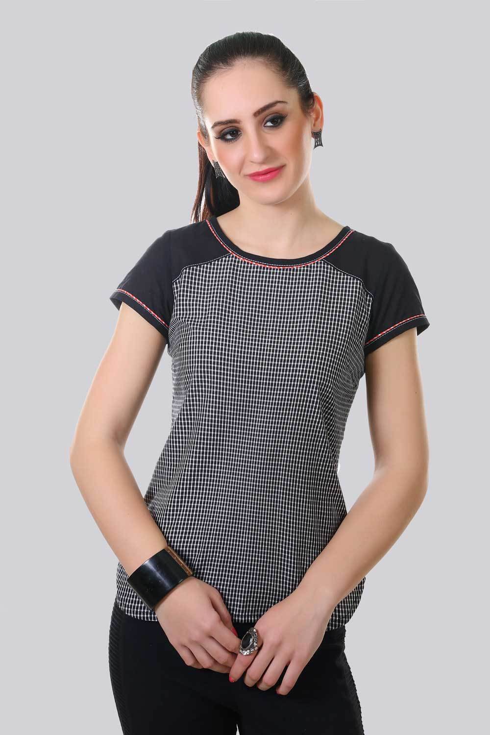 Aurelia Casual Regular Sleeve Checkered Women White, Black Top