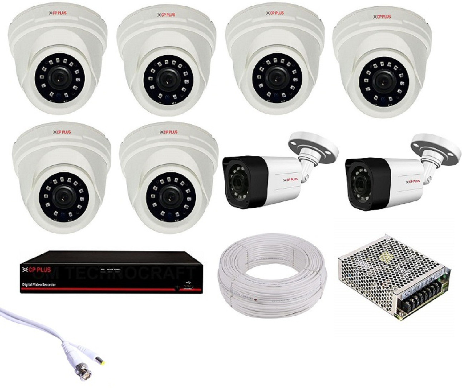 Image of CP PLUS 6 dome 2 bullet (2.4mp), 8 channel dvr, 8 channel power supply,90m wire bundle, without hard disk with all accessories Security Camera
