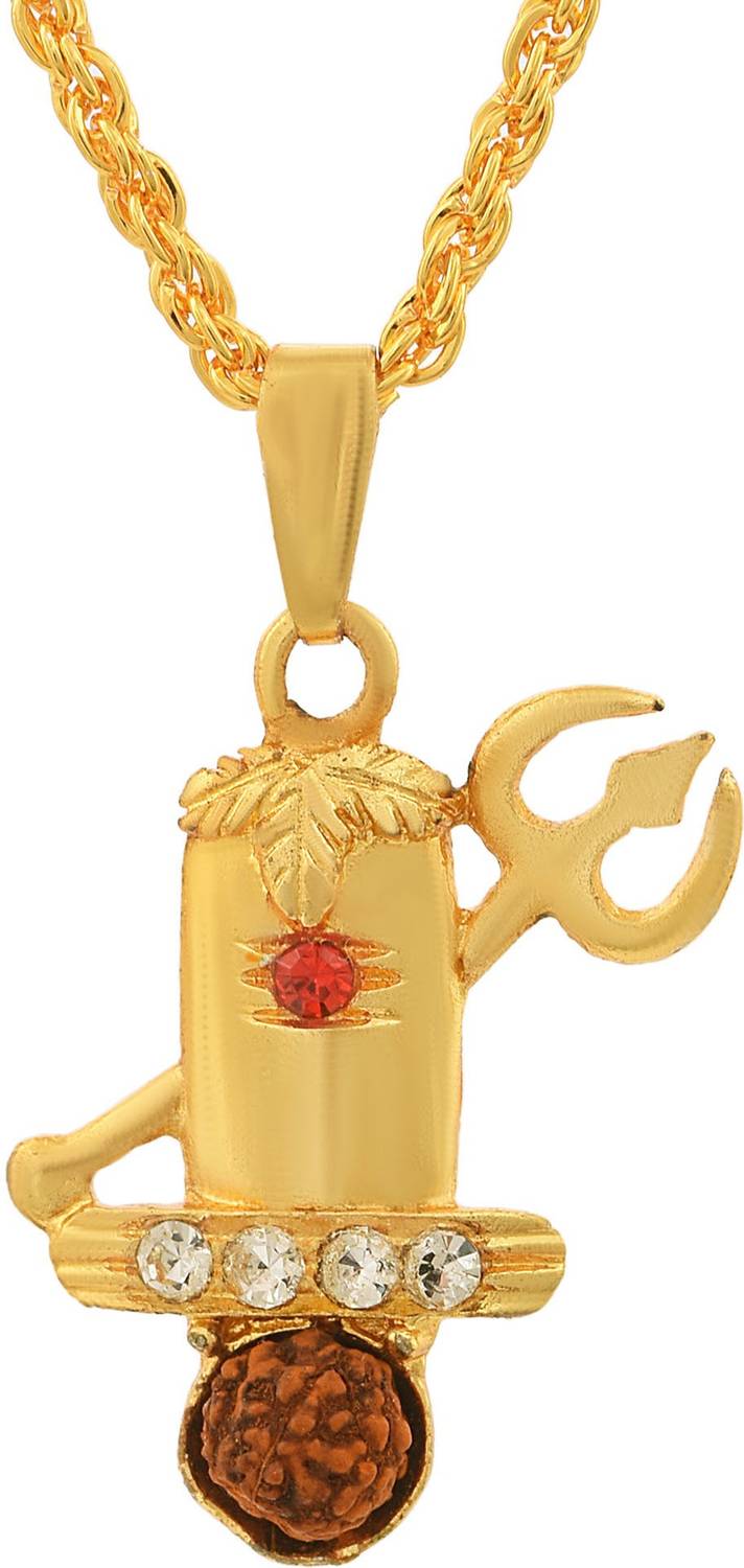 RN Brass Gold Plated CZ Mahadeva Shivling with Trishul Rudraksh Necklace Pendant chain Locket For Men and Women Gold-plated Cubic Zirconia Brass Pendant
