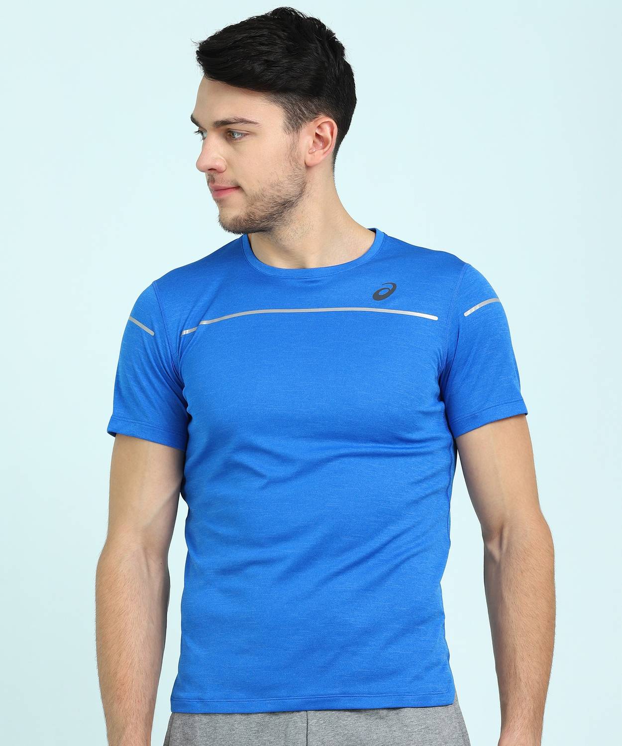 Asics Striped Men Round Neck Blue T-Shirt