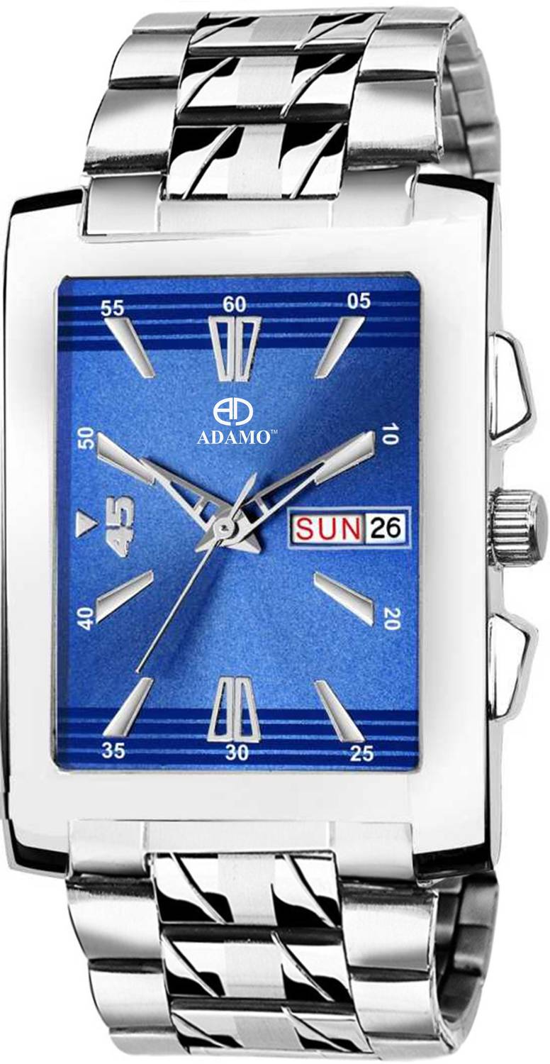 ADAMO 843SSM05 Veteran wristwatch / watchs DAY AND DATE FUNCTIONING Blue Dial Square Shaped with Stainless Steel Chain Premium watch for Men and Boys Analog Watch - For Men