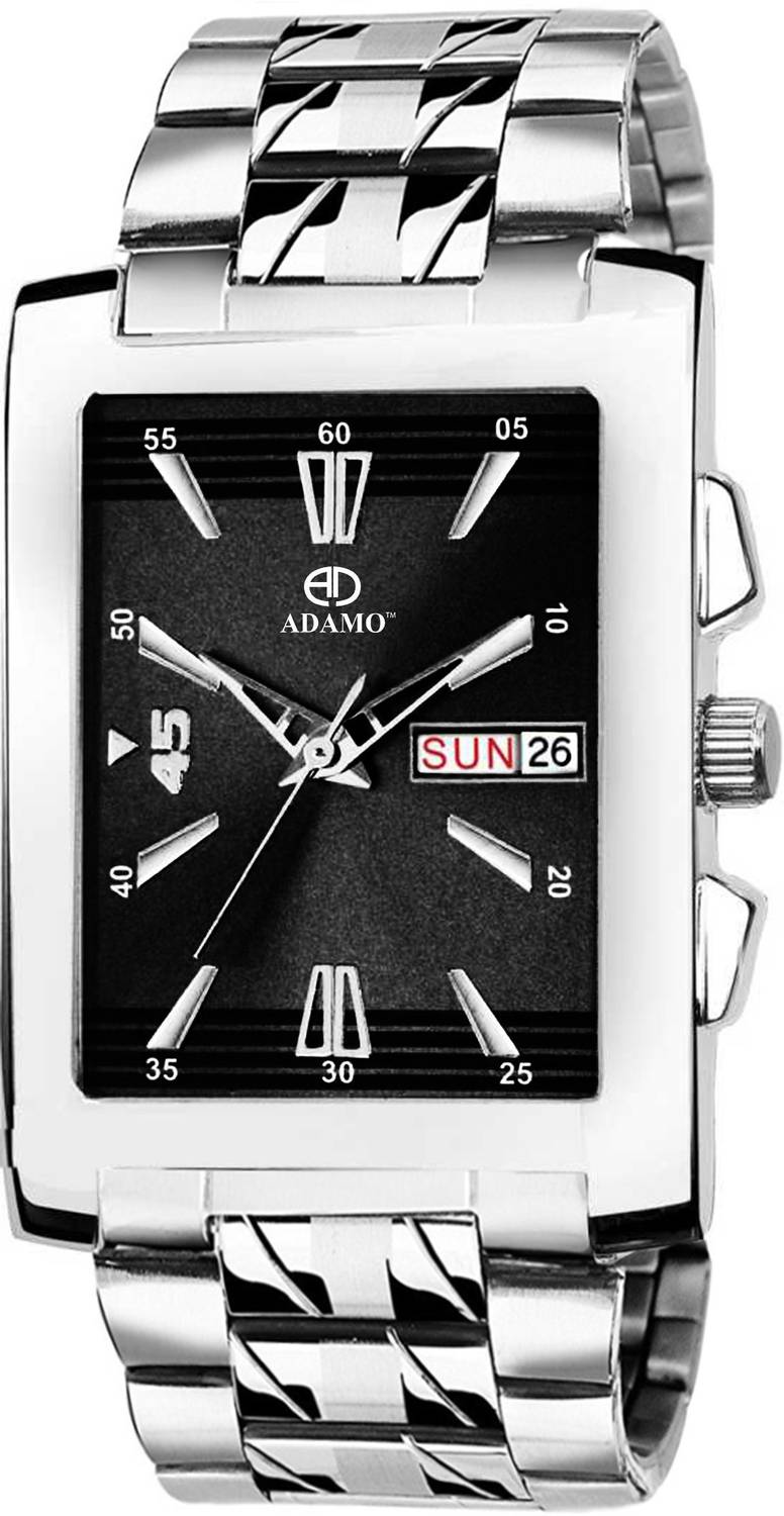 ADAMO 843SSM02 Veteran wristwatch / watchs DAY AND DATE FUNCTIONING Black Dial Square Shaped with Stainless Steel Chain Premium watch for Men and Boys Analog Watch  - For Men