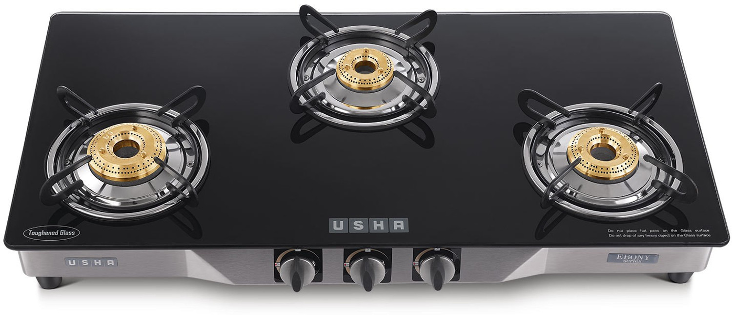 Image of USHA EBONY NEO 3003 SS 3BURNER Glass Manual Gas Stove