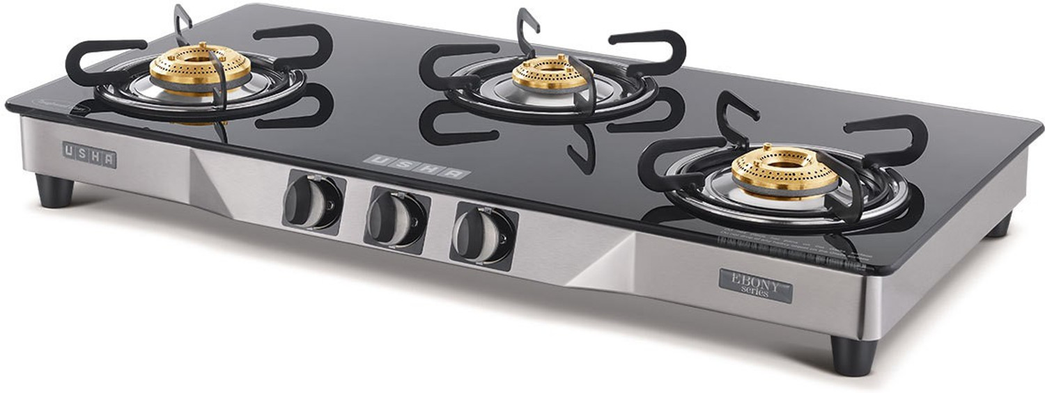 Image of USHA EBONY NEO 3003 SS 3BURNER Glass Manual Gas Stove