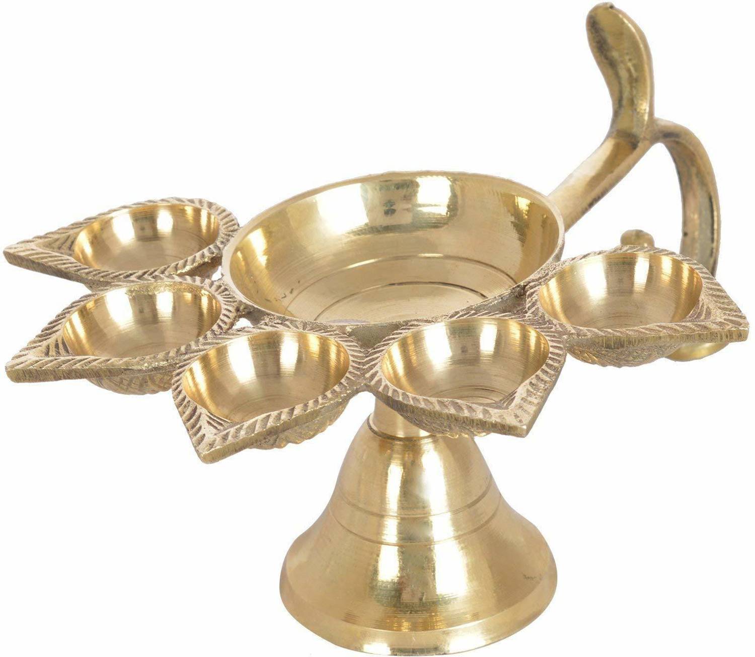 AANU Pure Brass Panch Aarti Diya Oil Lamp / Panch aarti Jyoti Puja Diya for Diwali (Length 6 INCH) Golden Pack of 1 Brass Table Diya
