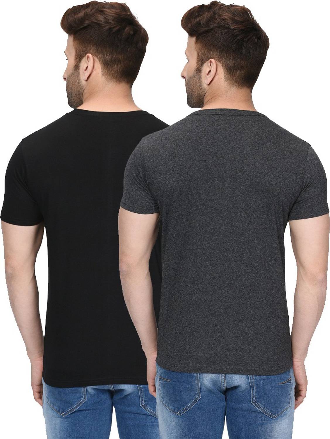 Pack of 2 Men Solid Henley Neck Cotton Blend Black, Grey T-Shirt - Image 2